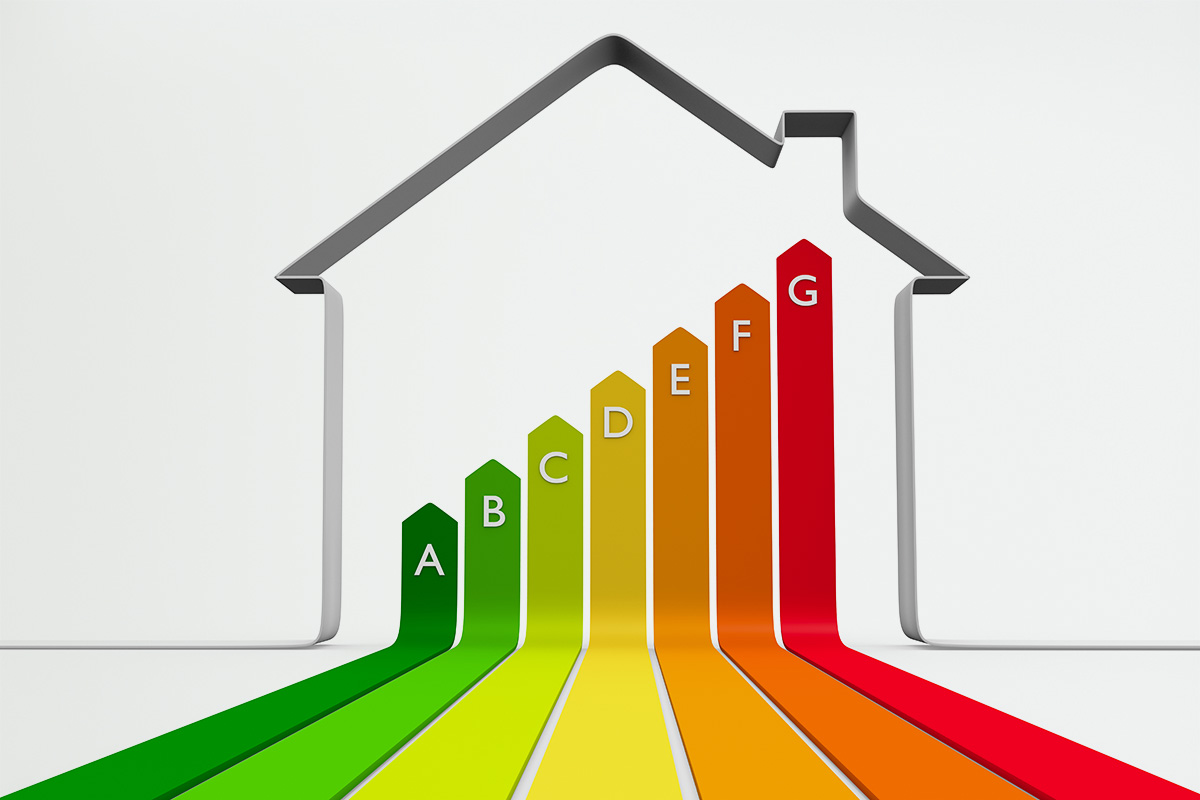 Schematische Darstellung der Energieeffizienzklassen eines Hauses